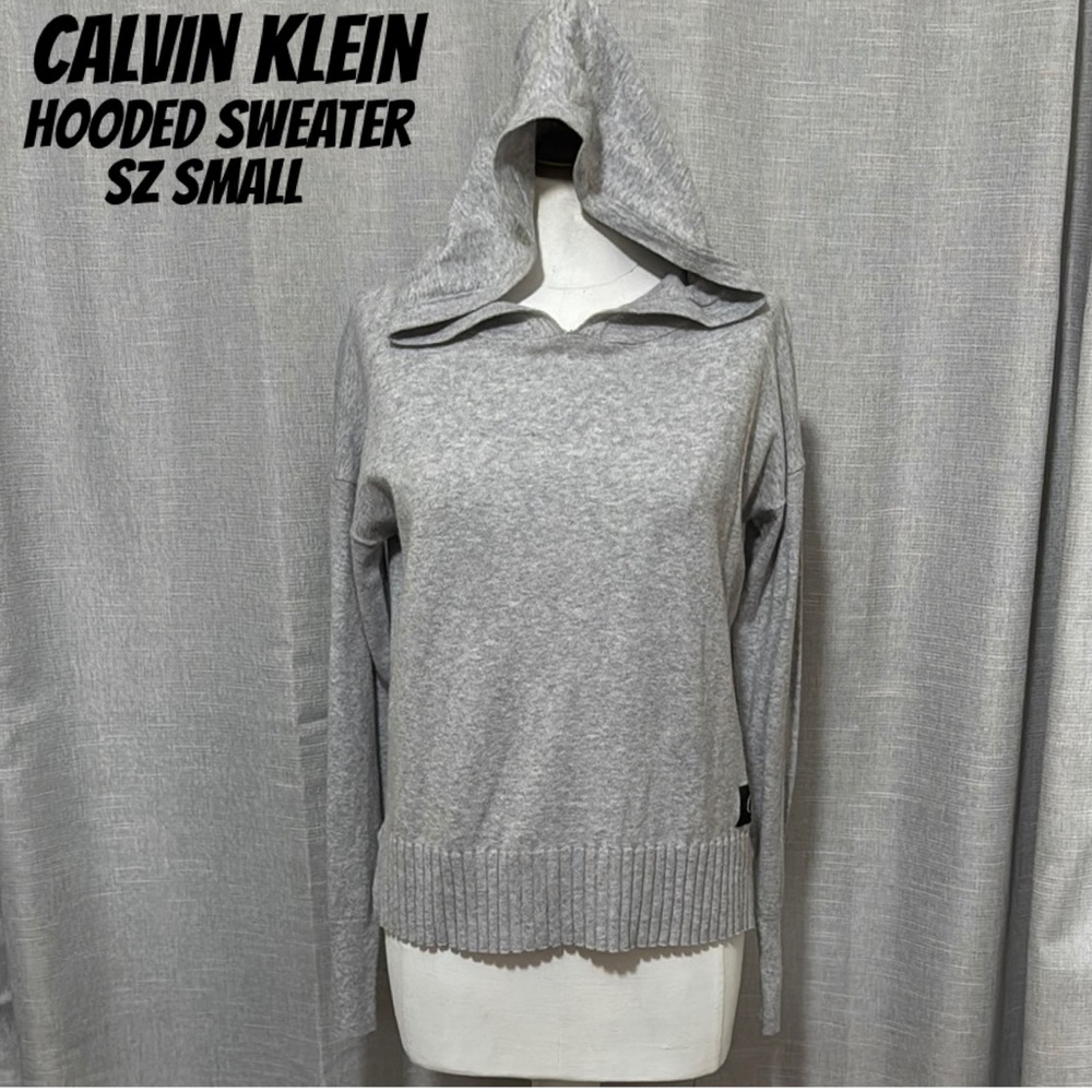 EUC Calvin Klein Hooded Sweater-Sz S-Gray-Cotton Blend-Ribbed Hem-Notched Side